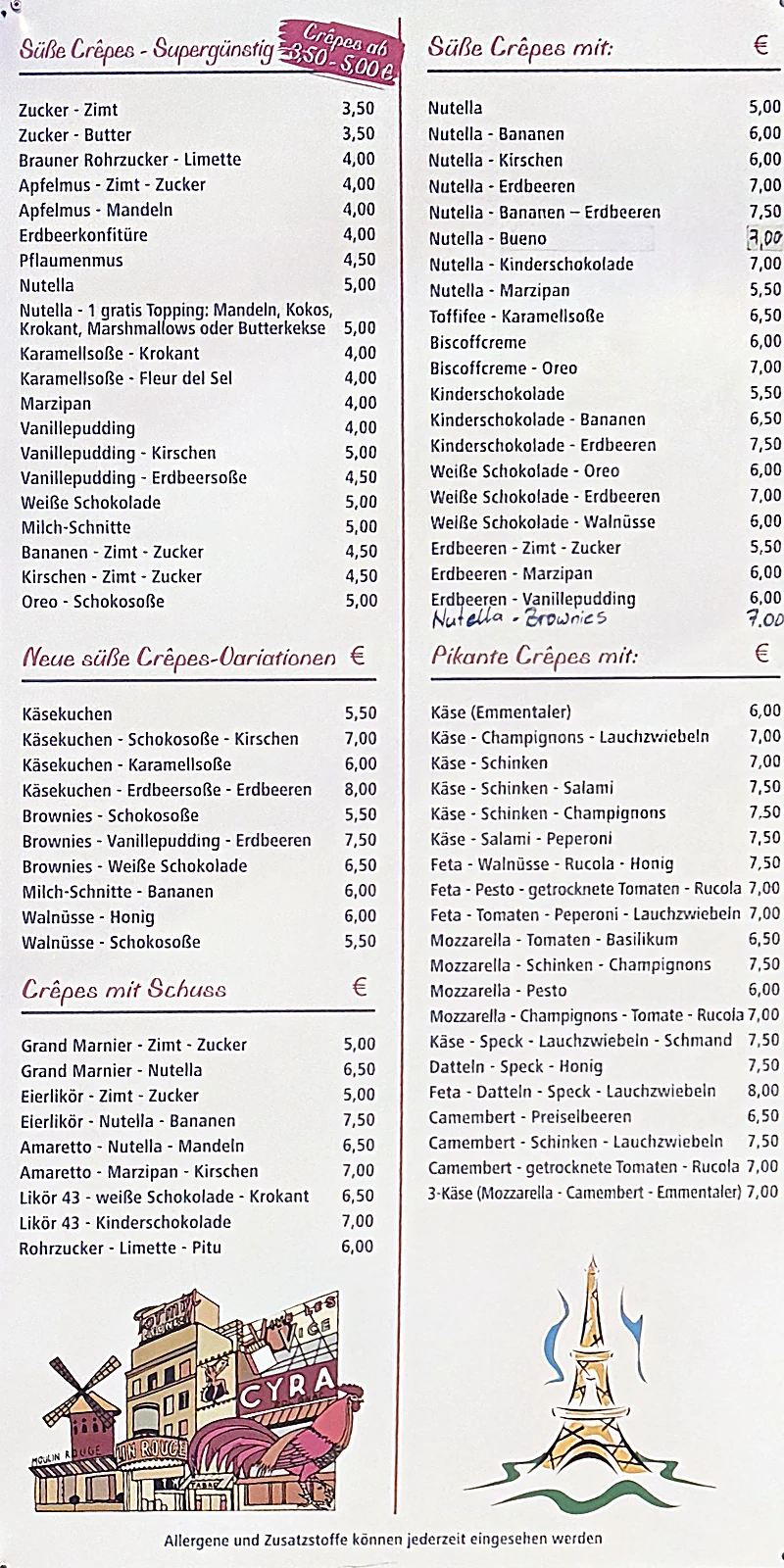 Die echte Menütafel des Stands mit allen Crêpes und Preisen.